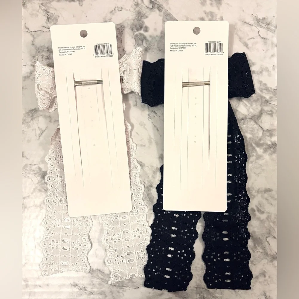 Lot of 2 Hair Bow Clips Lace Black White NWT New